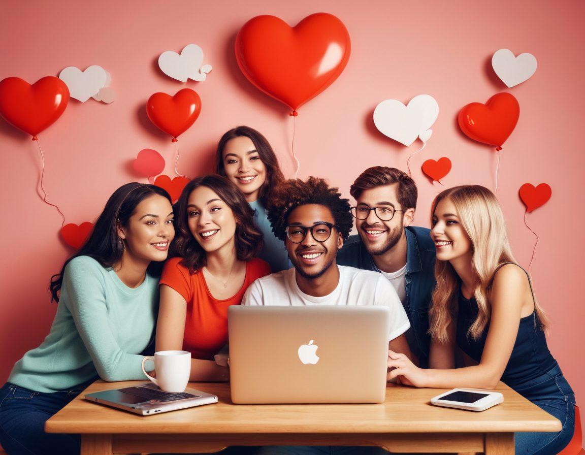 A stylized digital collage showcasing a diverse group of webcam models in a vibrant online setting, featuring various devices like laptops and cameras, along with intimate elements like soft lighting and cozy rooms. Incorporate playful icons symbolizing interaction, such as hearts and chat bubbles. The background should be a blend of warm and inviting colors to evoke a sense of connection and intimacy. vector art. vibrant colors. 3D elements.