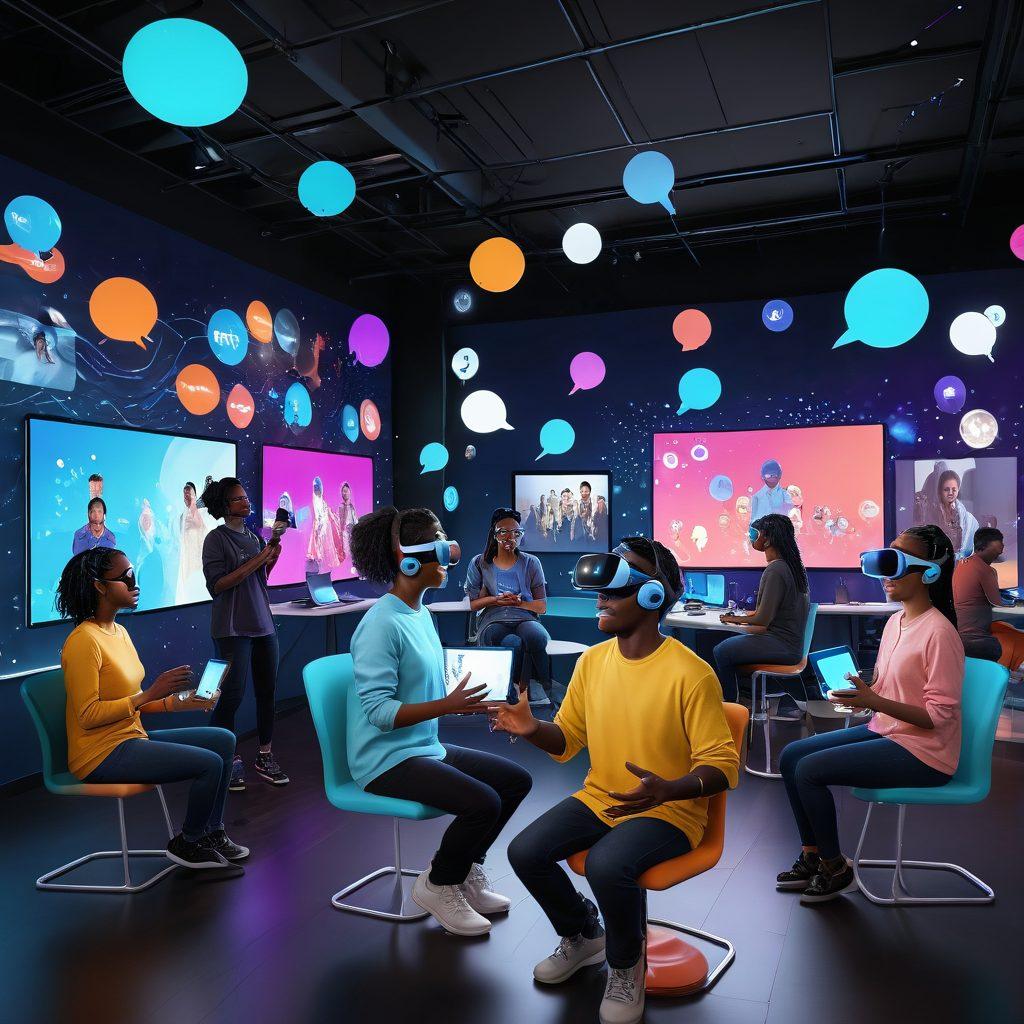 A vibrant, lively digital world depicting diverse avatars interacting in a colorful virtual community space with streaming elements. Floating chat bubbles, animated gestures, and engaging icons emphasize real-time communication. Include diverse individuals connecting through VR headsets and holographic screens. The scene should radiate a sense of connection and exploration within the virtual adult community. vibrant colors. 3D.