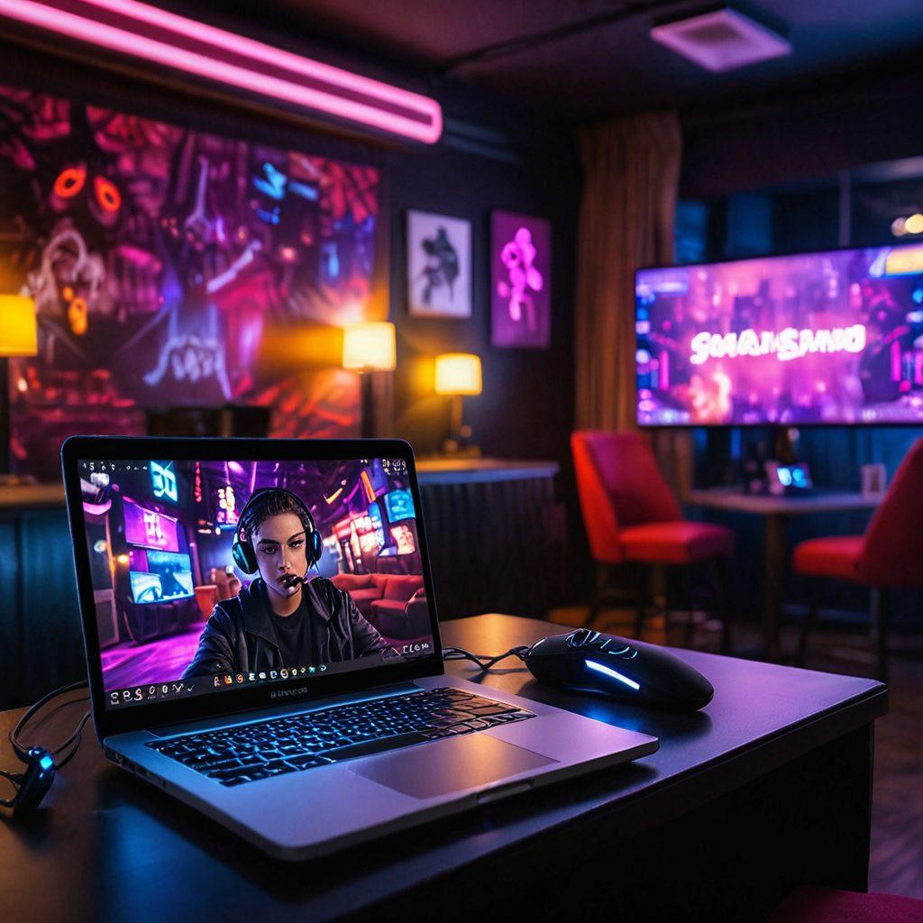 An enticing scene featuring a cozy, inviting room with a glowing laptop showing an interactive live stream. Include elements like a microphone, colorful LED lights, and plush cushions to hint at comfort and excitement. In the background, subtly display a stylish cabaret atmosphere with blurred silhouettes of a cheering crowd. The ambiance should be warm and vibrant, enticing viewers to engage in the camming experience. cyberpunk. vibrant colors. soft focus.